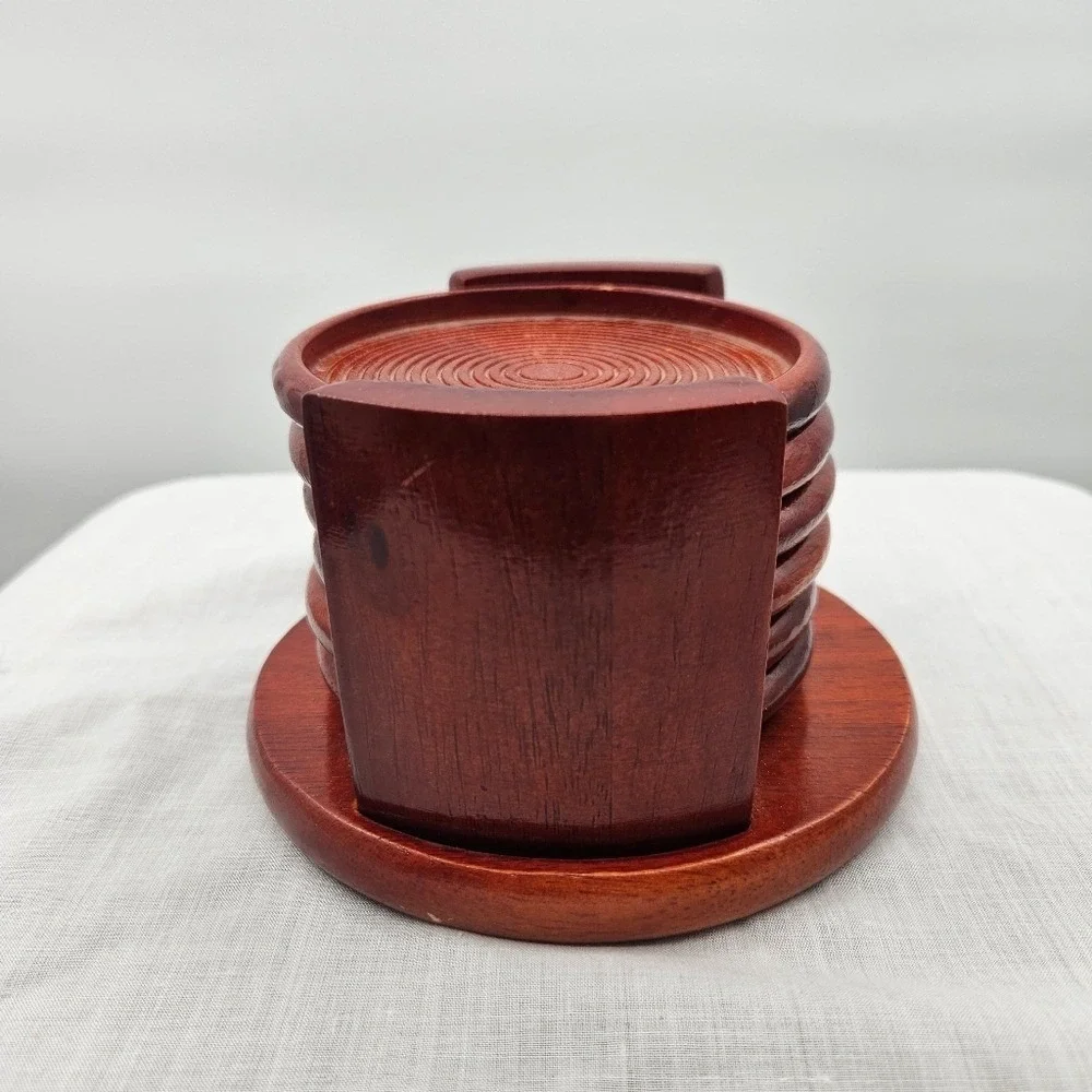 Kamenstein Wood‎ Coaster Set of 6 with Holder Red Brown Concentric Ring Design
